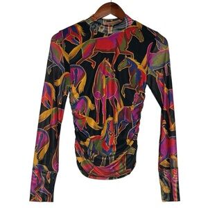 Farm Rio Top Wild Horses Mock Neck Mesh Tulle Blouse Fitted SZ Extra Small